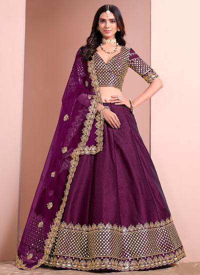 Purple Art Silk Sequins Embroidery Engagement Ceremony Lehenga Choli