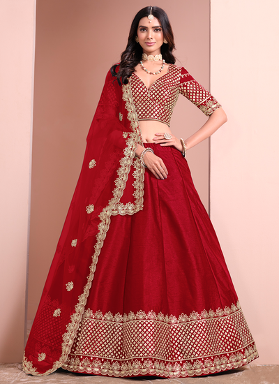 Designer Bridal Sequins Embroidery Red Art Silk Lehenga Choli