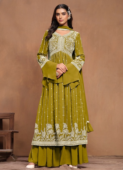 Olive Green White Embroidery Faux Georgette Pleated Kurti Palazzo Suit