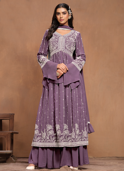 White Embroidery Lavender Faux Georgette Pleated Kurti Palazzo Suit