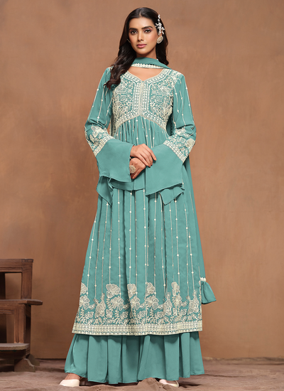 Festive Wear Turquoise White Embroidery Faux Georgette Pleated Kurti Palazzo Suit