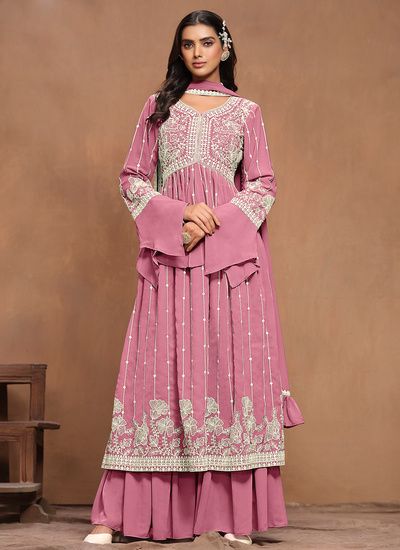 Faux Georgette Pink Festive Wear White Embroidery Pleated Kurti Palazzo Suit