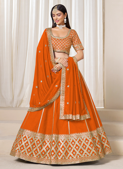 Art Silk Orange Zari Embroidered Sequins Festive Wear Lehenga Choli