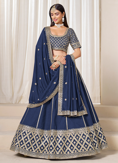Blue Art Silk Zari Embroidered Sequins Festive Wear Lehenga Choli