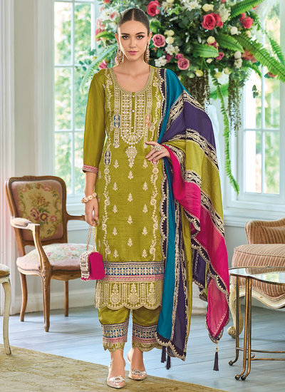 Olive Green Chinon Festive Wear Mirror And Stone Embellished Palazzo Suit