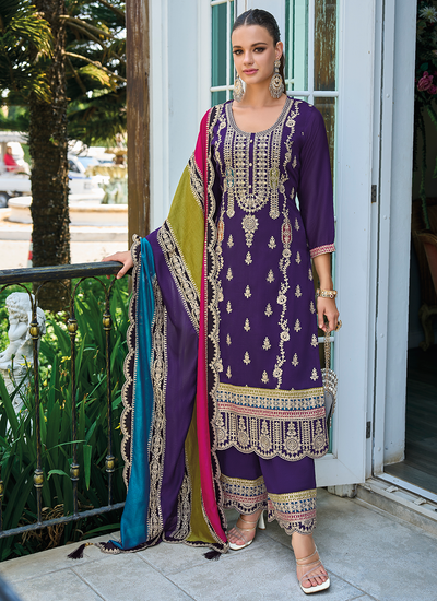 Festive Wear Chinon Violet Mirror And Stone Embellished Palazzo Suit