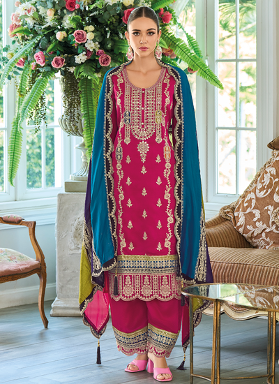 Magenta Festive Wear Chinon Mirror And Stone Embellished Palazzo Suit