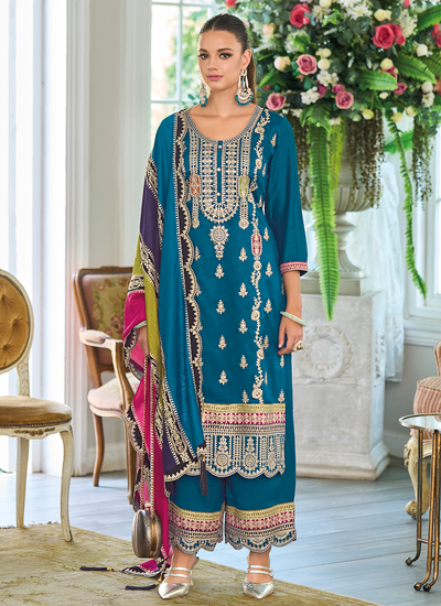 Ocean Blue Festive Wear Chinon Mirror And Stone Embellished Palazzo Suit