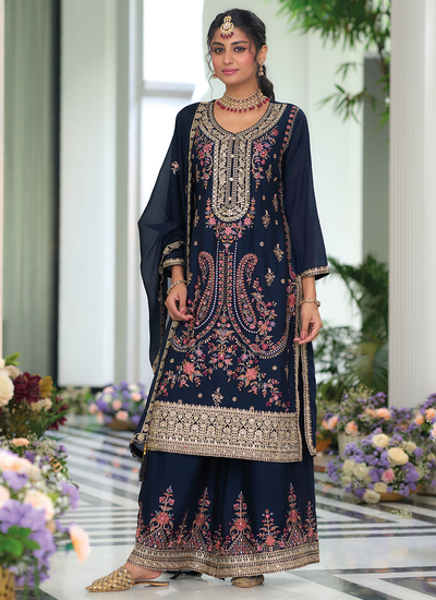 Chinon Sequins Embroidered With Mirror And Stone Embellishment Palazzo Suit In Dark Blue