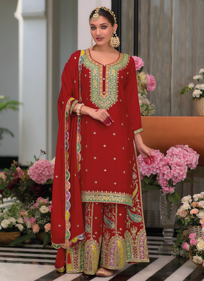 Red Festive Wear Sequins Embroidered Chinon Sharara Suit