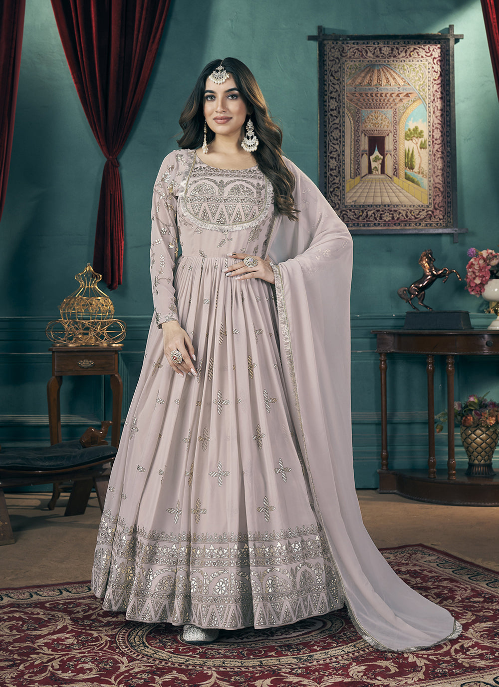 Grey Party Wear Foil Printed Faux Georgette Gown With Dupatta Siya Fashion