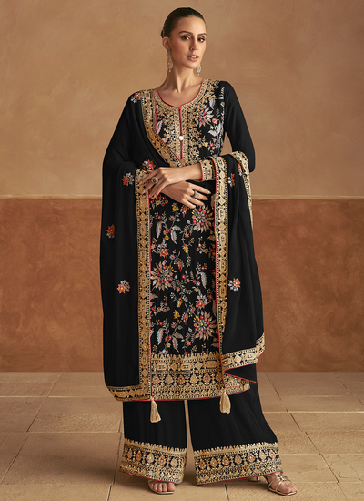 Chinon Sequins Multi Embroidered Black Party Wear Readymade Palazzo Suit