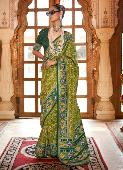 Silk Parrot Green Traditional Festive Wear Printed Patola Saree