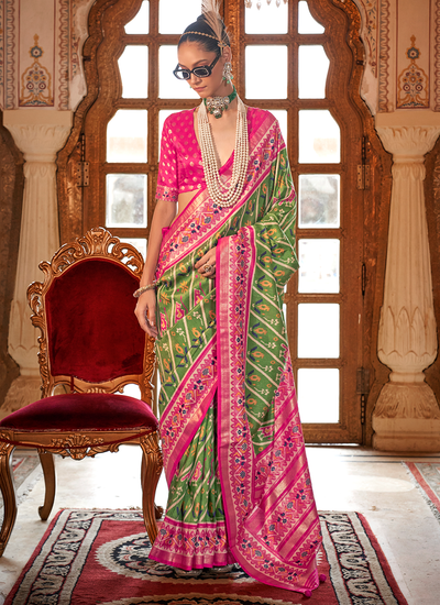 Festive Wear Traditional Silk Printed Patola Saree In Parrot Green