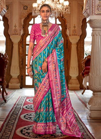 Silk Blue Green Festive Wear Traditional Printed Patola Saree