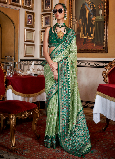 Pista Green Silk Festive Wear Traditional Printed Patola Saree