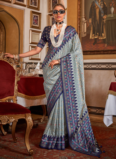 Festive Wear Dove Gray Silk Traditional Printed Patola Saree