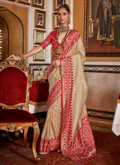 Beige Silk Traditional Festive Wear Printed Patola Saree