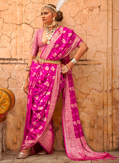 Georgette Rani Pink Zari Weaving Bridesmaid Wedding Wear Saree