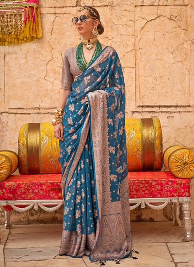 Ocean Blue Georgette Zari Weaving Bridesmaid Wedding Wear Saree