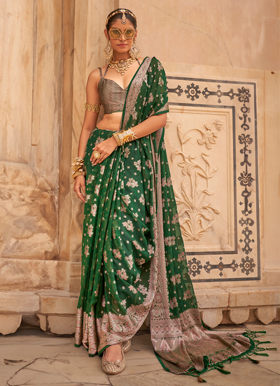 Georgette Zari Weaving Green Bridesmaid Mehendi Wear Saree