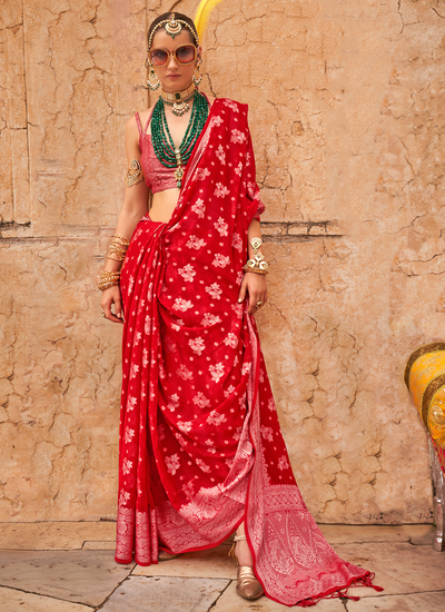 Red Zari Weaving Georgette Bridesmaid Wedding Wear Saree