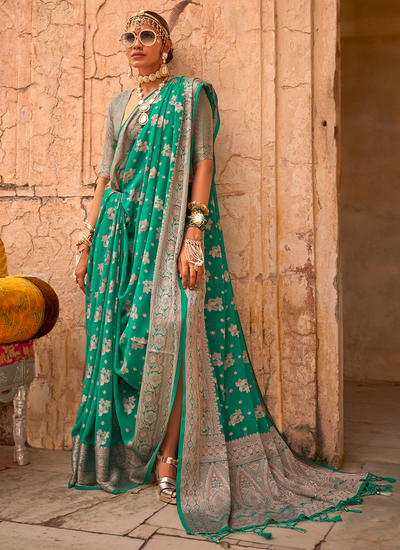 Bridesmaid Wedding Wear Aqua Green Zari Weaving Georgette Saree