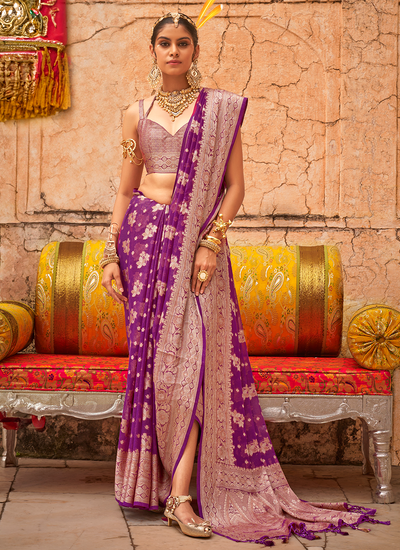 Purple Georgette Bridesmaid Wedding Wear Zari Weaving Saree