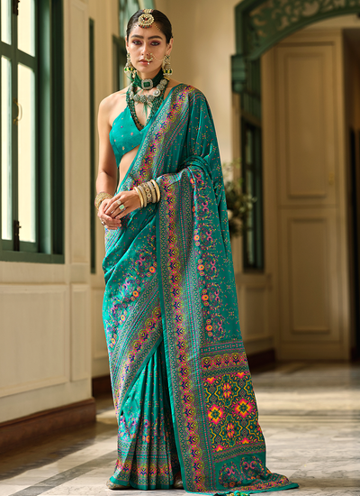 Bridesmaid Kashmiri Weaving Design With Meenakari Turquoise Banarasi Saree