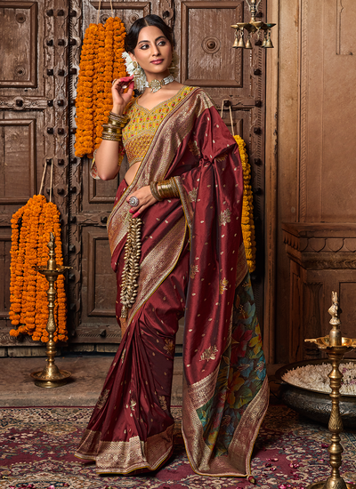 Maroon Banarasi Silk Wedding Wear Zari Weaving Border And Rich Pallu Saree