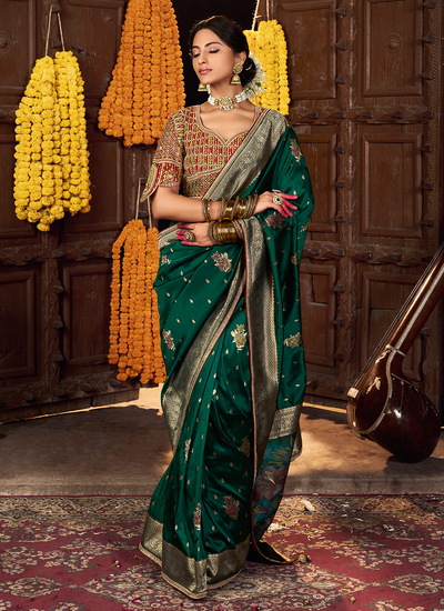 Banarasi Silk Green Mehendi Wear Zari Weaving Saree With Contrast Embroidered Blouse