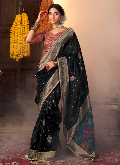 Banarasi Silk Reception Wear Black Zari Weaving Saree With Contrast Embroidered Blouse