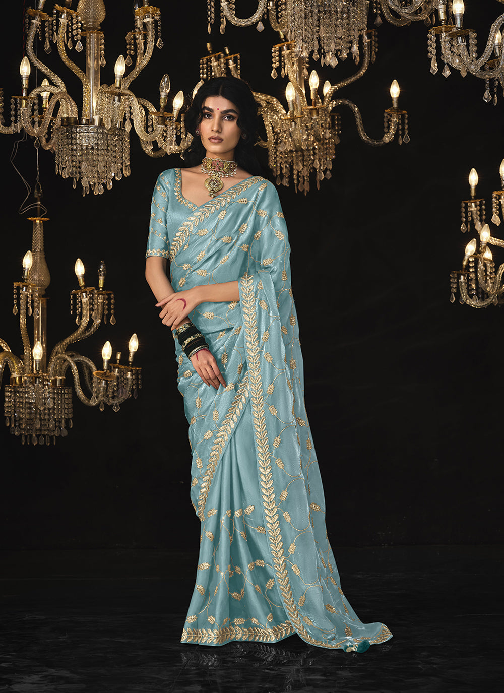 Light Blue Fancy Sequins Embroidered Party Wear Saree – Siya Fashion