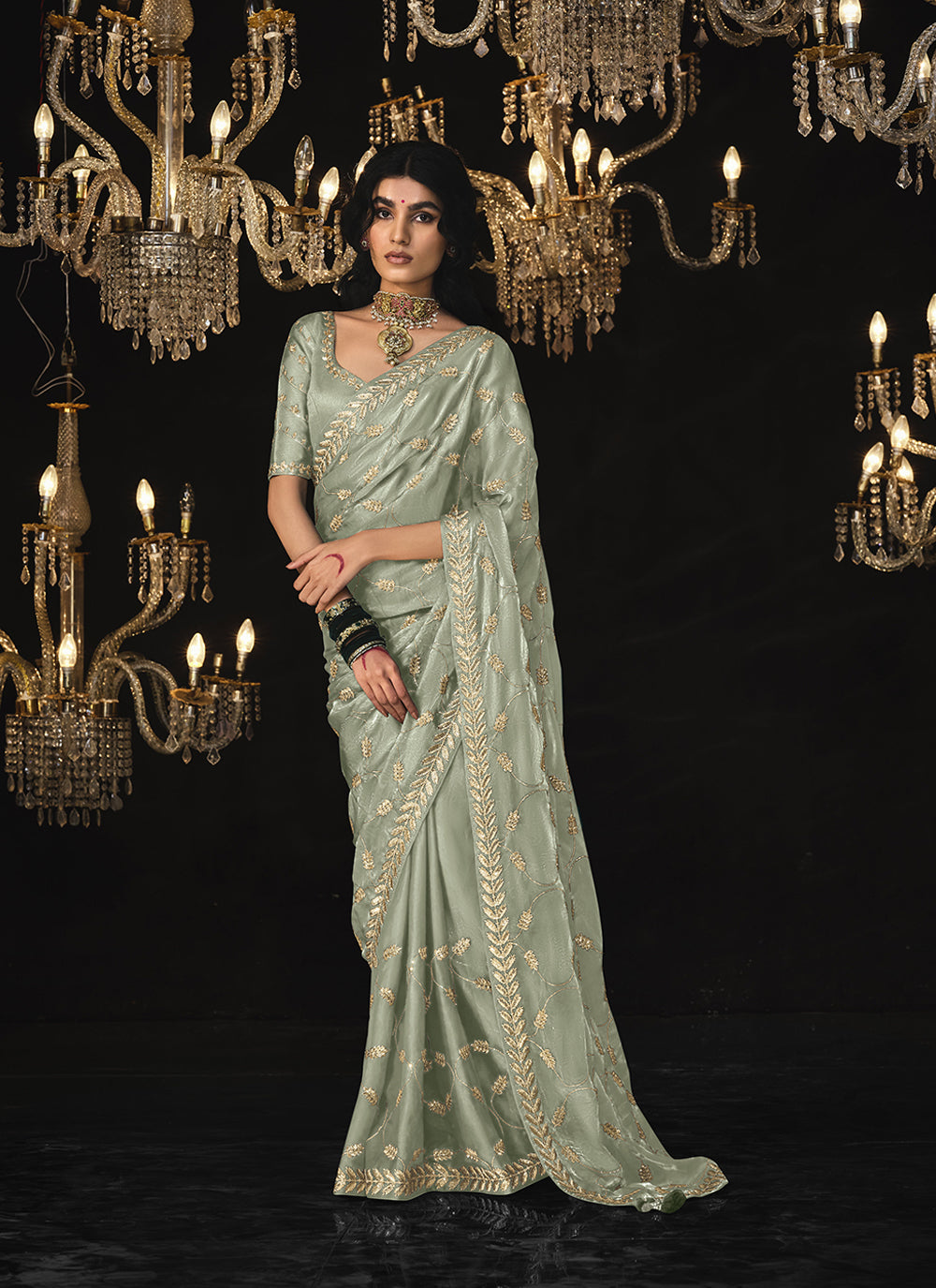 Fancy Sequins Embroidered Pale Green Party Wear Saree – Siya Fashion