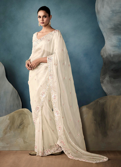 Pearl White Bridesmaid Tissue Silk Sequins Embroidery Handwork Saree