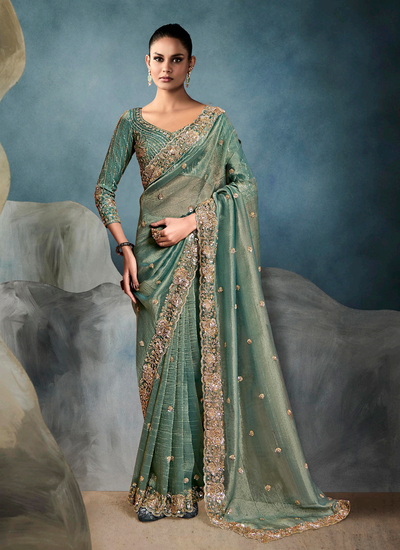 Sea Green Wedding Wear Sequins Embroidery Handwork Tissue Silk Saree