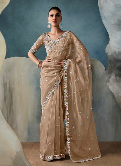 Beige Sequins Embroidery Handwork Wedding Wear Tissue Silk Saree