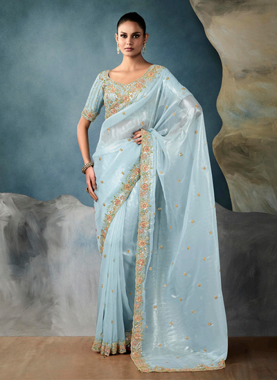 Bollywood Sequins Embroidery Handwork Sky Blue Reception Wear Tissue Silk Saree