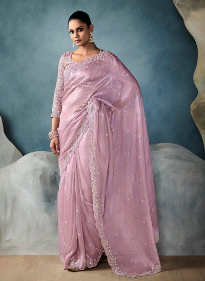 Pink Sequins Embroidery Handwork Bollywood Bridesmaid Tissue Silk Saree