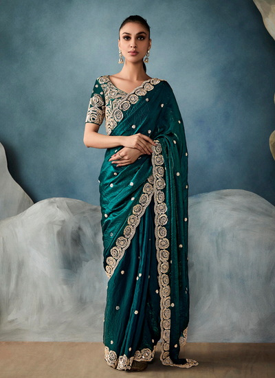 Sequins Embroidery Handwork Dark Green Wedding Wear Tissue Silk Saree
