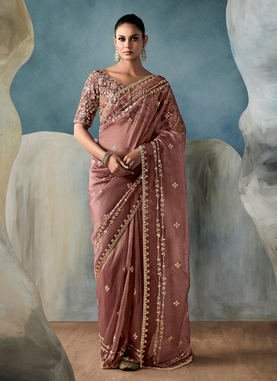 Rose Gold Reception Wear Sequins Embroidery Handwork Tissue Silk Bollywood Saree