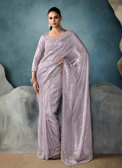 Bridesmaid Sequins Embroidery Handwork Lavender Tissue Silk Saree