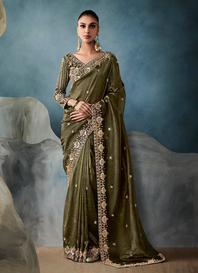 Olive Green Sequins Embroidery Handwork Wedding Wear Tissue Silk Saree
