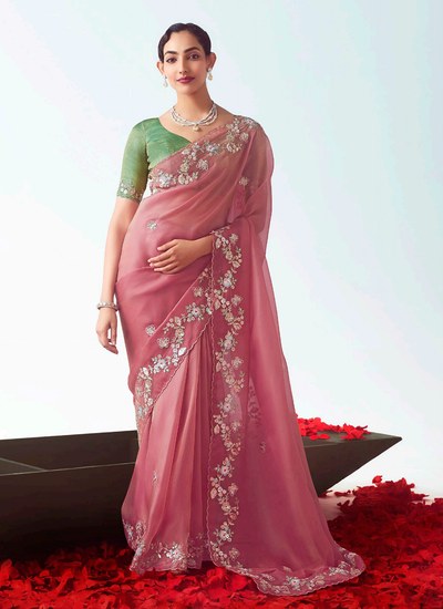 Reception Wear Coral Pink Handwork Organza Tissue Silk Saree