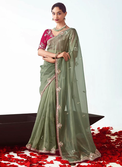 Olive Green Handwork Organza Tissue Silk Wedding Wear Saree