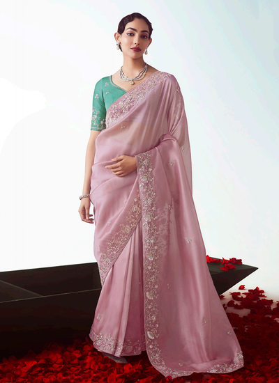 Organza Tissue Silk Light Pink Handwork Bridesmaid Wear Saree