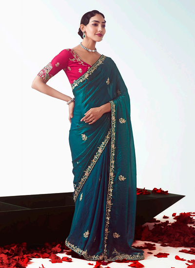 Teal Handwork Embroidery Organza Tissue Silk Party Wear Saree