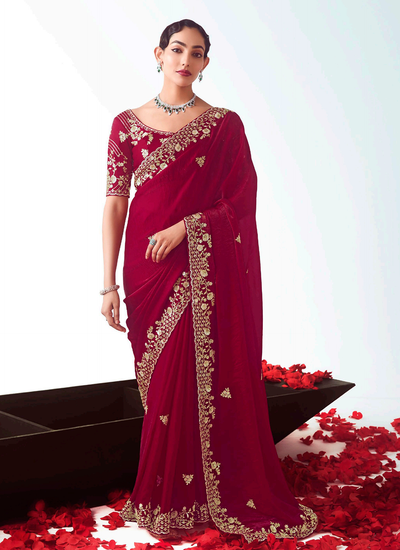 Wedding Wear Red Handwork Sequins Embroidery Organza Tissue Silk Saree