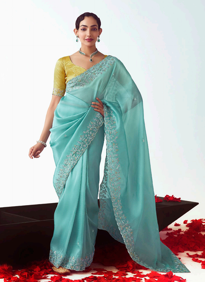 Organza Tissue Silk Sky Blue Handwork Sequins Embroidery Reception Saree
