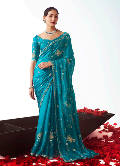 Teal Organza Tissue Silk Handwork Sequins Embroidery Bridesmaid Saree